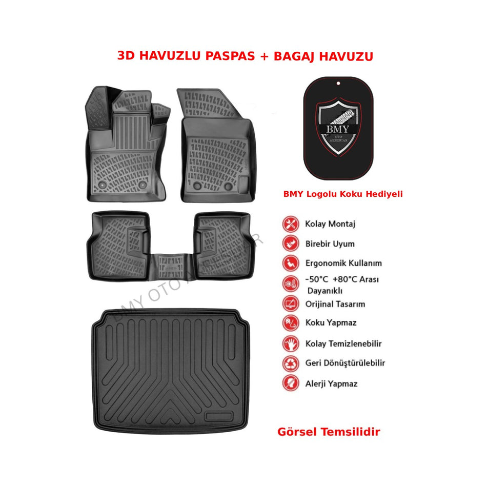 Peugeot E-2008 2022 Sonrası (Elektrikli) 3D Araca Özel Havuzlu Paspas ve Üst Bagaj Havuzu